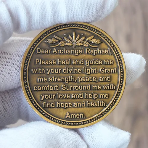 Miniatura 4 de Moneda de desafío Arcángel Rafael – Ficha curativa de aleación de zinc de 1.57 pulgadas con oración inspiradora para fortaleza y paz, para salud