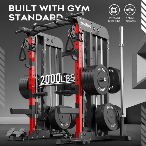 Miniatura 2 de pooboo Multi-Functional Machine Power Cage, 2000LB Squat Rack, LAT-Pull Down System, Dual Pulley Cable Crossover System, Home Gym Workout Machine