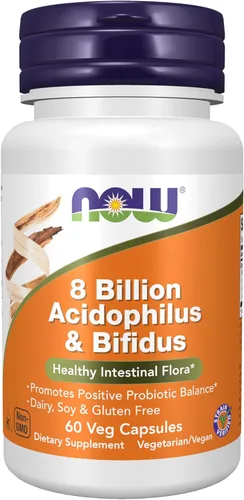 NOW Suplementos, 8 mil millones de Acidophilus & Bifidus, sin lácteos, soja y gluten, verificado por cepa, 60 cápsulas vegetales