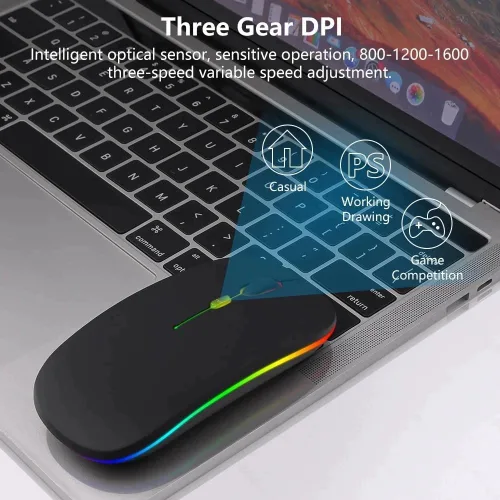 Miniatura 2 de Ratón Bluetooth inalámbrico, modo dual ultrafino recargable (Bluetooth 5.2 + receptor USB de 2.4 GHz) con luz LED colorida y clic silencioso, mouse