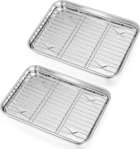 P&P CHEF Sartenes para horno tostador de 10.4 + 9 pulgadas con estantes, 4 piezas de bandeja de horno de acero inoxidable para hornear y estante de