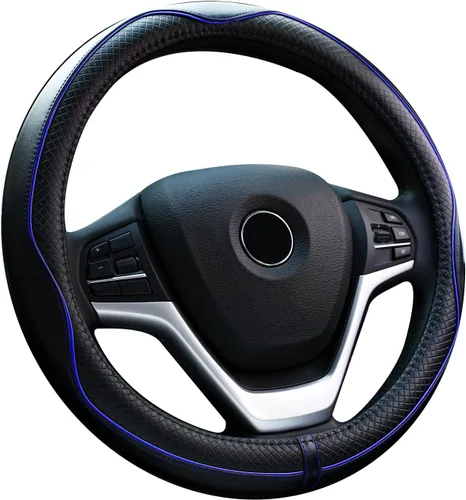 Miniatura 10 de Valleycomfy Fundas universales para volante de 15 pulgadas, piel auténtica, transpirable, antideslizante y sin olor (negro con líneas negras, M