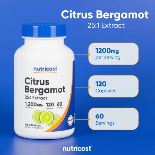 Miniatura 6 de Nutricost Cápsulas de bergamota cítrica de 1,200 mg, 120 cápsulas - Extracto de bergamota 25:1 - 60 porciones, sin gluten, vegano y sin OMG