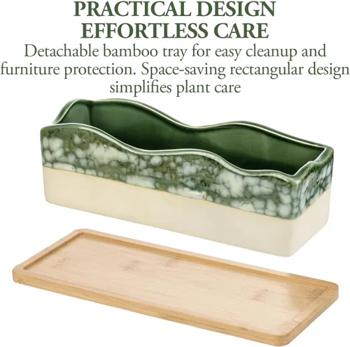 Miniatura 3 de MyGift Maceta rectangular para suculentas - Maceta decorativa de cerámica beige y verde glaseada con bandeja de bambú extraíble