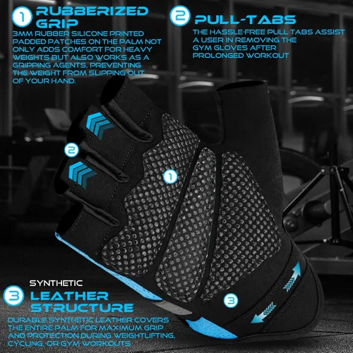 Miniatura 3 de BEAST RAGE Guantes sin dedos para levantamiento de pesas con acolchado de protección en la palma, guantes de gimnasio transpirables y ligeros