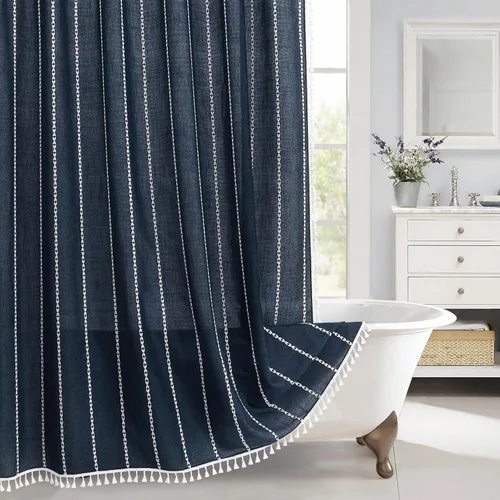 Miniatura 21 de MitoVilla - Juego de cortina de ducha de tela de granja gris, cortinas de ducha de poliéster y lino modernas estilo bohemio para decoración de baño