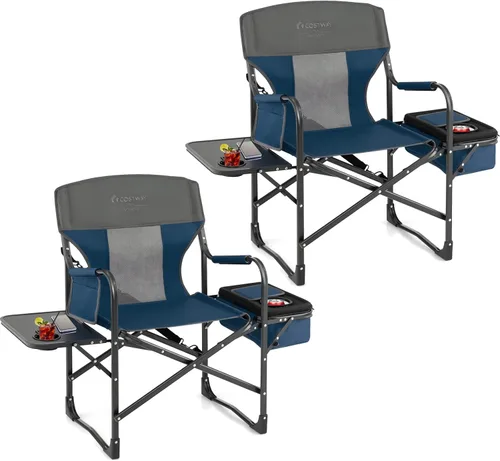Miniatura 10 de COSTWAY Silla de camping plegable, silla de director de alta resistencia soporta 400 libras para adultos con mesa auxiliar, bolsa refrigeradora