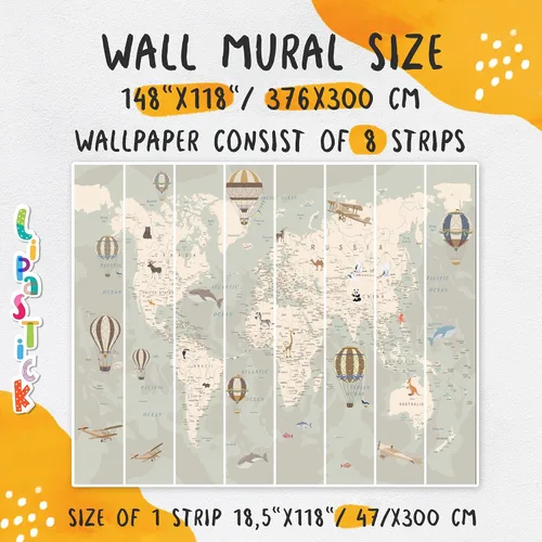 Miniatura 5 de Papel tapiz de mapa del mundo para niños con animales, calcomanías educativas para despegar y pegar, murales de guardería para bebés, niños