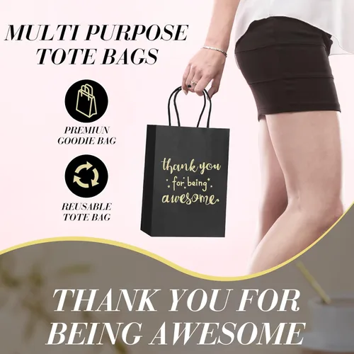 Miniatura 5 de Jetec 50 bolsas de regalo de agradecimiento de color negro dorado con asas a granel, 5.9 x 3.1 x 8.3 pulgadas, gracias por ser impresionantes
