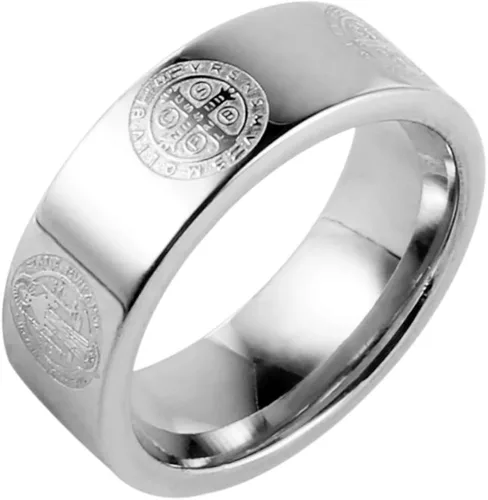 HZMAN Anillo de exorcismo de San Benito para hombre, de acero inoxidable, cruz católica, romana, protección de demonios, cazador de fantasmas, oro y
