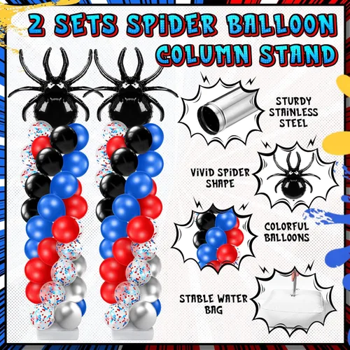 Miniatura 3 de Kasyat Juego de 2 soportes de columna de globos para fiesta de arañas con 2 arañas y 100 globos de látex rojos, azules y negros, soportes de arco