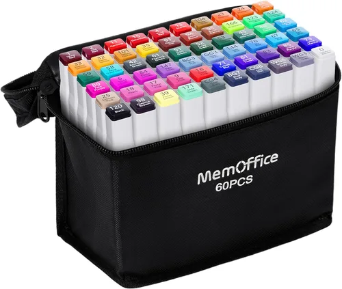 MemOffice Juego de marcadores de alcohol de doble punta de 60 colores con estuche de transporte, perfecto para colorear, dibujar, bocetar, hacer
