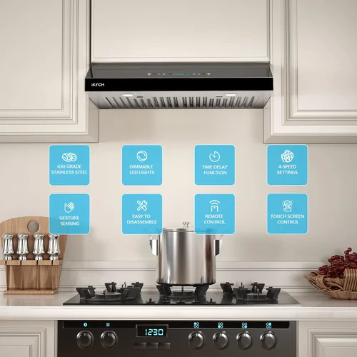 Miniatura 5 de IKTCH campana extractora de 30 pulgadas para debajo del gabinete, 900 CFM, ventilador de 4 velocidades, acero inoxidable negro y vidrio templado