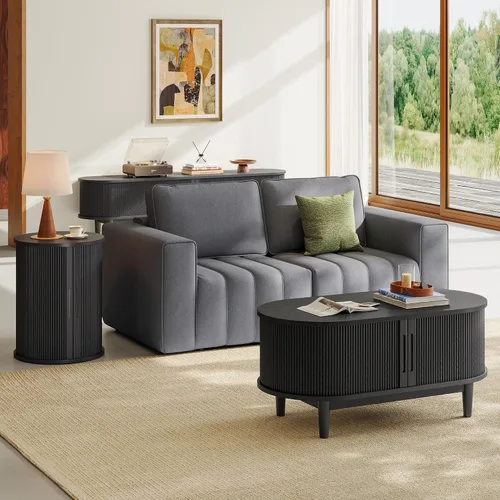 Miniatura 7 de LINSY HOME Mesa Auxiliar Redonda Acanalada, Mesa Lateral Alta con Puerta Tambour Deslizante y Estante de Almacenamiento, Mesita de Noche Moderna