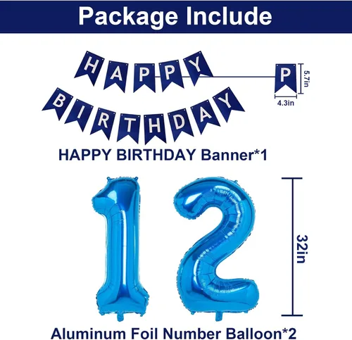 Miniatura 3 de Decoraciones de fiesta de cumpleaños azul número 12 para niños y niñas, suministros de globos de feliz cumpleaños 12 con pancarta de feliz Azul-a-31