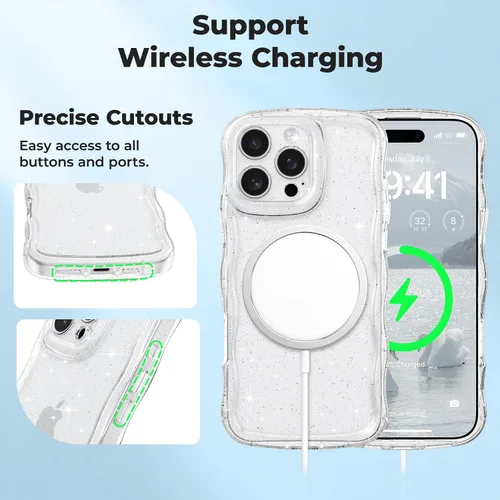 Miniatura 16 de FABSPARK Funda para iPhone 14 Pro Max, bonita funda colorida con láser, retro, exquisita, rizada, borde ondulado, protector estético de TPU suave