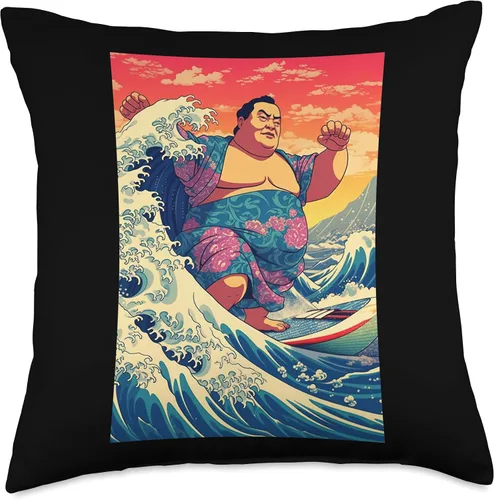 Miniatura 5 de Funny Wave Sumo Surfer Japanese Designs Funny Sumo Wrestler Surfing on Kanagawa Wave - Almohada de 16 x 16 pulgadas, multicolor