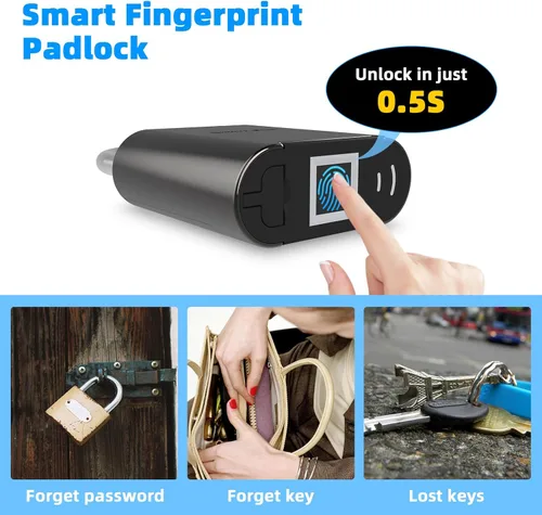 Miniatura 2 de Candado de huellas dactilares, candado biométrico, candado inteligente con llave de emergencia, cerradura impermeable de casillero para gimnasio
