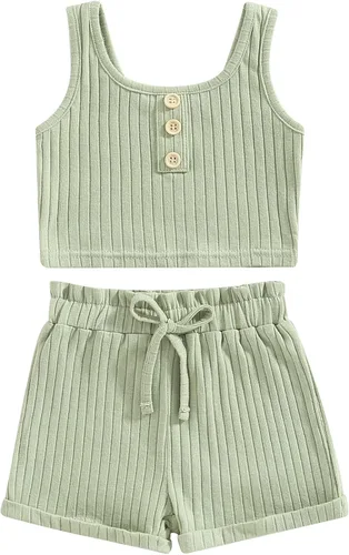 Conjunto de ropa de verano para niñas pequeñas, chaleco acanalado con botones de color sólido, pantalones cortos con cordón