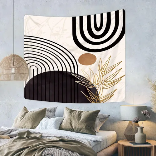 Miniatura 3 de KOMLLEX Mid Century Abstract Tapestry 59Wx51H Boho Neutral Arch Sun Leaves Minimalist Modern Geometric Simple Black Gold Aesthetic Wall Hanging
