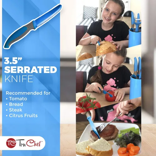 Miniatura 5 de TruChef Juego de cuchillos para niños de 5 piezas Cuchillos de cocina de acero inoxidable real con pelador, hoja dentada y soporte de Juego