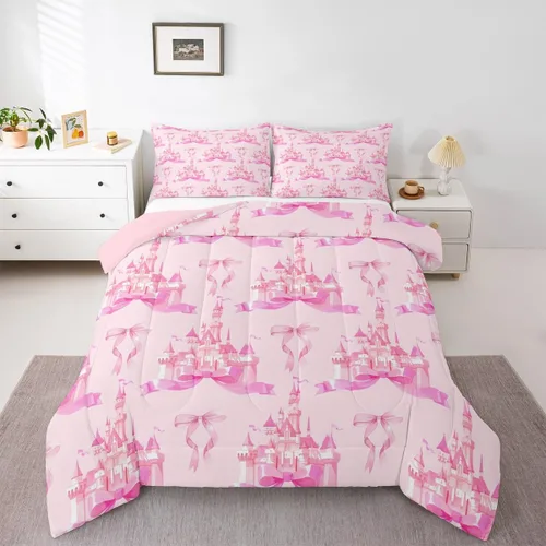 Miniatura 39 de Feelyou Juego de edredón de castillo rosa para niños, tamaño individual, juego de ropa de cama de princesa para niños y niñas, inserto de edredón