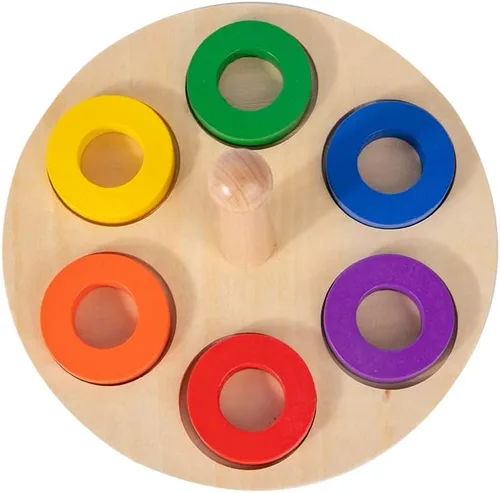 Miniatura 6 de Adena Montessori Anillo de madera para apilar y clasificar con 6 anillos de clavija, anillos apilables de arco iris de madera, juguetes apiladores