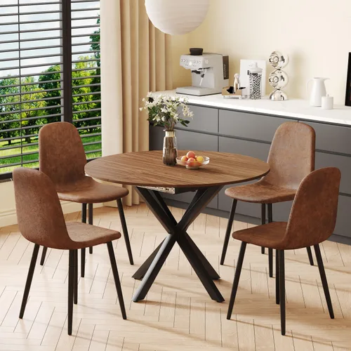 Miniatura 12 de Juego de mesa de comedor redonda para 4, juego de mesa de comedor extensible de 43-59 pulgadas, mesa de grano de madera de nogal y 4 sillas