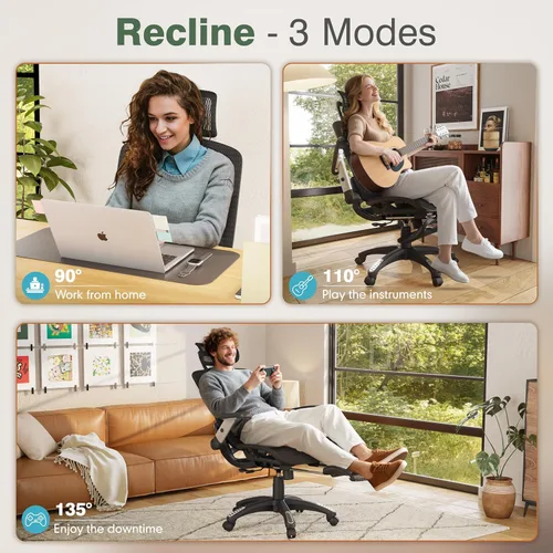 Miniatura 7 de GABRYLLY Silla de oficina con reposapiés, silla de escritorio ergonómica – 135° reclinable ancho, brazos abatibles de 45°, reposacabezas 3D