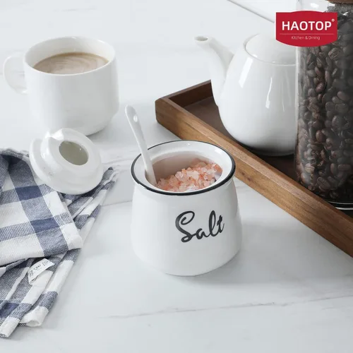 Miniatura 2 de Cuenco de sal de porcelana con tapa y cuchara de 12 onzas, fácil de limpiar (blanco)