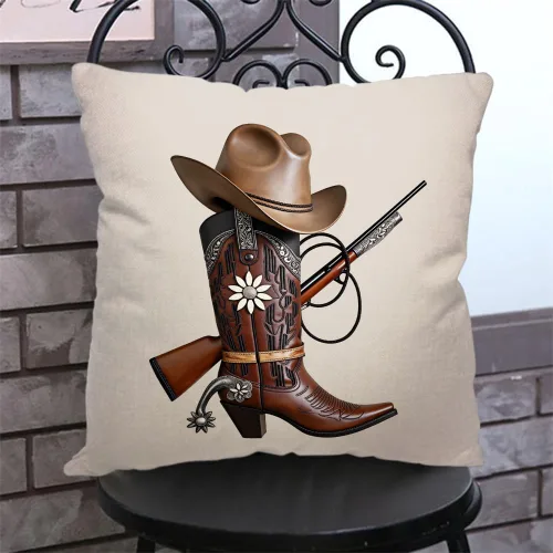 Miniatura 3 de Fundas de almohada de lino y algodón, botas de vaquero occidental, sombrero, fundas de almohada para sofá, cama, decoración del hogar, 18 x 18