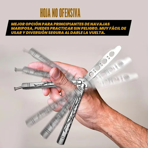 Miniatura 3 de Vornnex, cuchillo mariposa de práctica, hoja desafilada de acero inoxidable para entrenamiento, dragón negro (plateado)