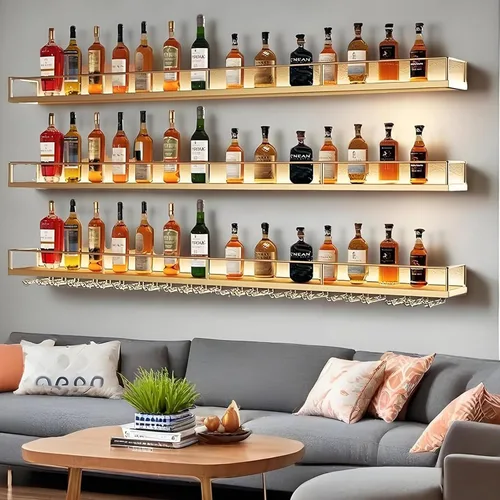 Miniatura 13 de Estante de metal para vino montado en la pared con luces LED, estantes flotantes de bar de 3 niveles con estante para copas de vino, estante grande