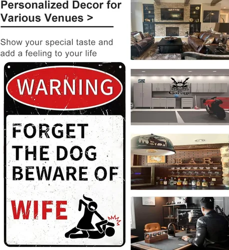 Miniatura 2 de Crzaysign Regalos para Hombres Letrero de Lata Vintage de Advertencia con texto en inglés «Beware of Wife Forget The Dog» para Cueva de Hombre