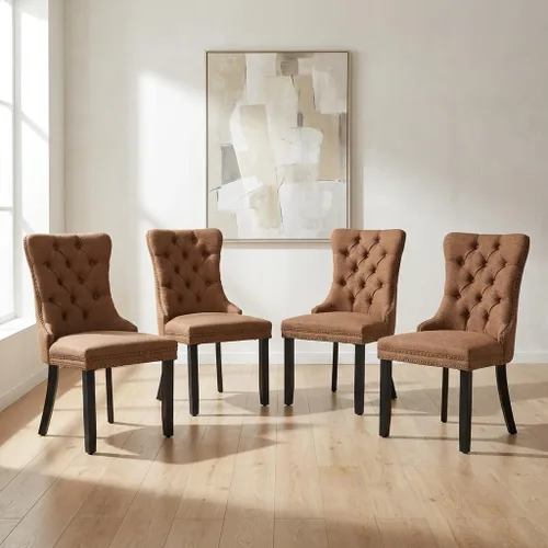 Miniatura 106 de OVENTA Juego de 4 sillas de comedor modernas tapizadas copetudas, terciopelo negro y gris y cuero con patas de madera maciza, sillas de cocina