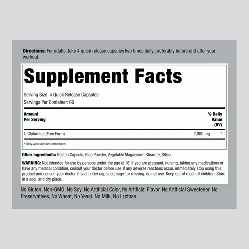 Miniatura 2 de Piping Rock L Glutamine - Cápsulas en polvo 2000 mg 240 píldoras Suplemento para mujeres y hombres Aminoácido en forma libre Sin OMG, sin