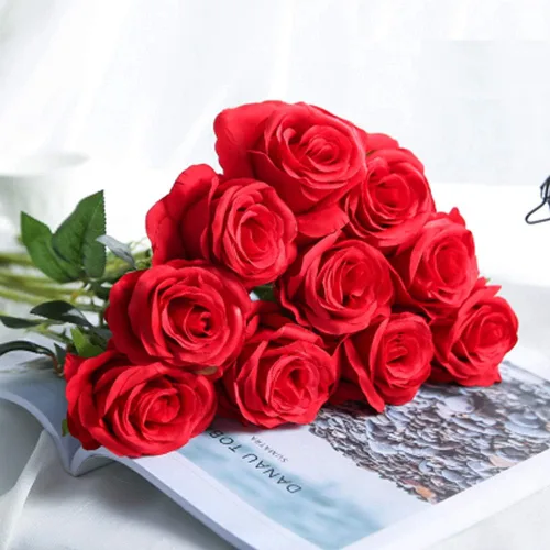Miniatura 2 de AMZALI Flores artificiales, rosa falsa de aspecto real, tallo largo, flores artificiales de seda, decoración del hogar para ramo de novia, centros