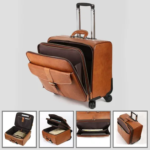 Miniatura 5 de Leathario Maleta con ruedas de cuero para laptop, maletín con ruedas, Marrón, XL