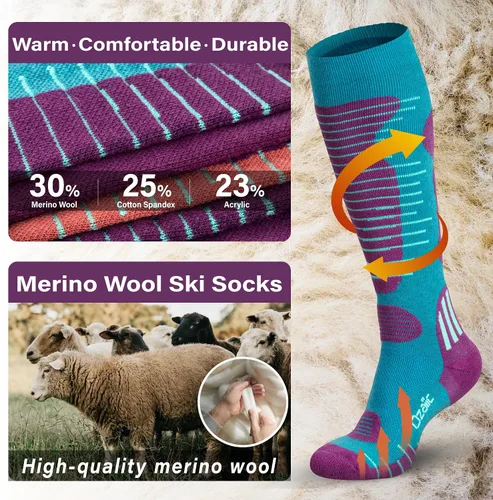 Miniatura 2 de Calcetines de esquí de lana merino para hombre y mujer, 2 pares para esquí, snowboard, térmicos hasta la rodilla, calcetines de rendimiento
