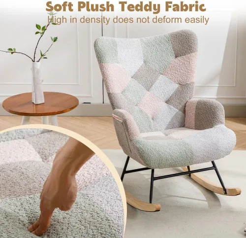 Miniatura 7 de Silla mecedora tapizada estilo oso de peluche para cuarto de bebé, con respaldo alto, silla lateral cómoda para sala de estar, dormitorio, oficinas