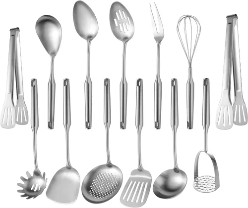 Miniatura 11 de Utensilios de cocina dorados para cocinar, 13 unidades, acero inoxidable, cuchara ranurada sólida, tenedor, espátula, cucharón, espumador, afinador