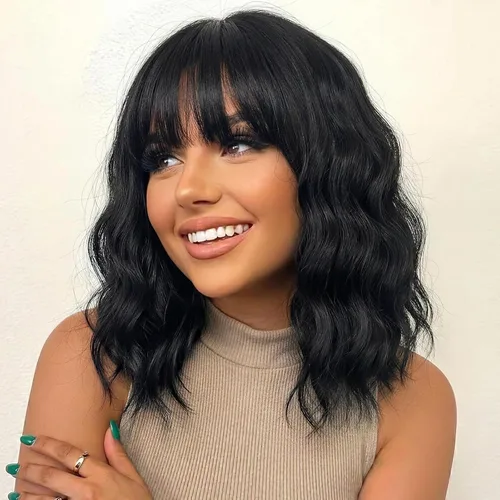 Nnzes Pelucas onduladas negras con flequillo para mujer, peluca corta negra Bob sintética de aspecto natural resistente al calor fibra pelo