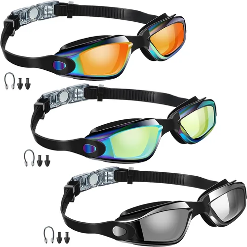 Miniatura 13 de Flutesan Paquete de 3 gafas de natación sin fugas, de silicona, antivaho con clip para la nariz, tapones para los oídos para adultos y niños, 3