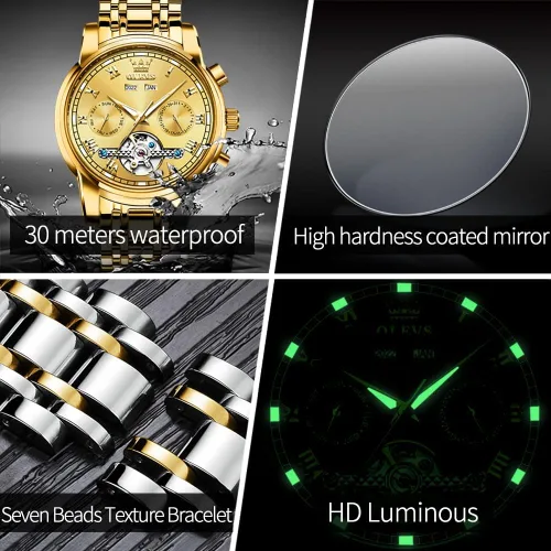 Miniatura 7 de OLEVS Relojes automáticos de cuerda automática para hombre, fecha y día, calendario, relojes de acero inoxidable, movimiento de esqueleto