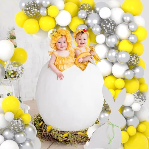 Miniatura 5 de Kit de guirnalda de globos amarillos y blancos, 122 globos blancos y amarillos, globos de confeti plateados metálicos para parrillas de limón