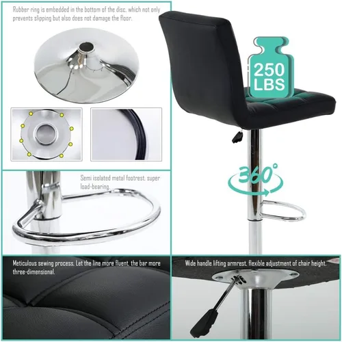 Miniatura 5 de Juego de 2 taburetes de bar de piel sintética con altura de mostrador, taburetes de bar ajustables en altura, silla de bar, taburete de cocina, Negro