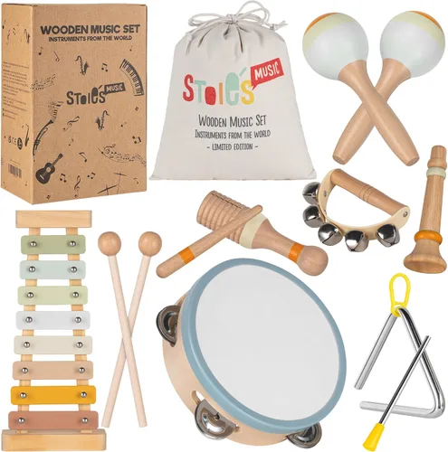 Miniatura 18 de Stoie's Instrumentos musicales de madera para niños pequeños con tambor, flauta, campanas de mano, platillos, castañuelas, triángulo, para bebés