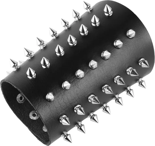 Miniatura 7 de HZMAN Pulsera de cuero con correa ancha unisex con tachuelas de metal negro