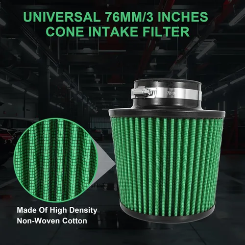 Miniatura 6 de Filtro de admisión de aire frío de alto rendimiento, lavable, con abrazadera, filtro de aire de repuesto con brida de diámetro 3" (76mm) verde