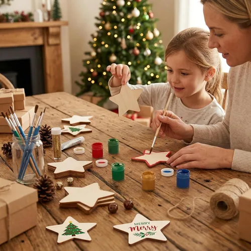 Miniatura 5 de IMIKEYA 50 piezas de estrellas de madera sin terminar: recortes de estrellas de madera natural para niños, pintura DIY, chips de madera, recortes